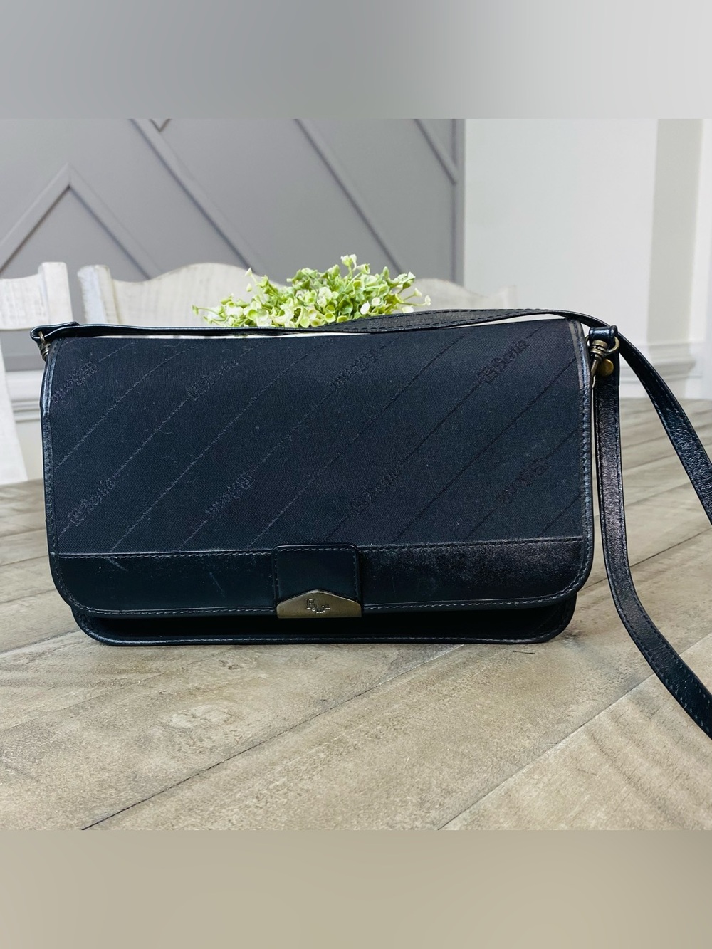 Vintage BONIA Black Monogram Canvas Leather Trim Crossbody Shoulder Bag - Picture 2 of 8
